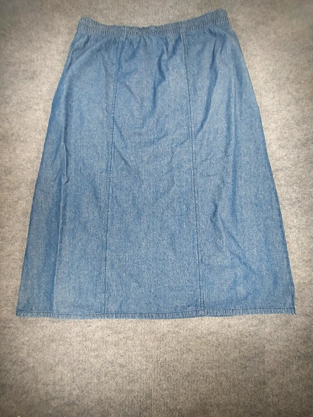 The Vermont Country Store Denim Midi Skirt Medium Elastic Waist 100% Cotton Pkts